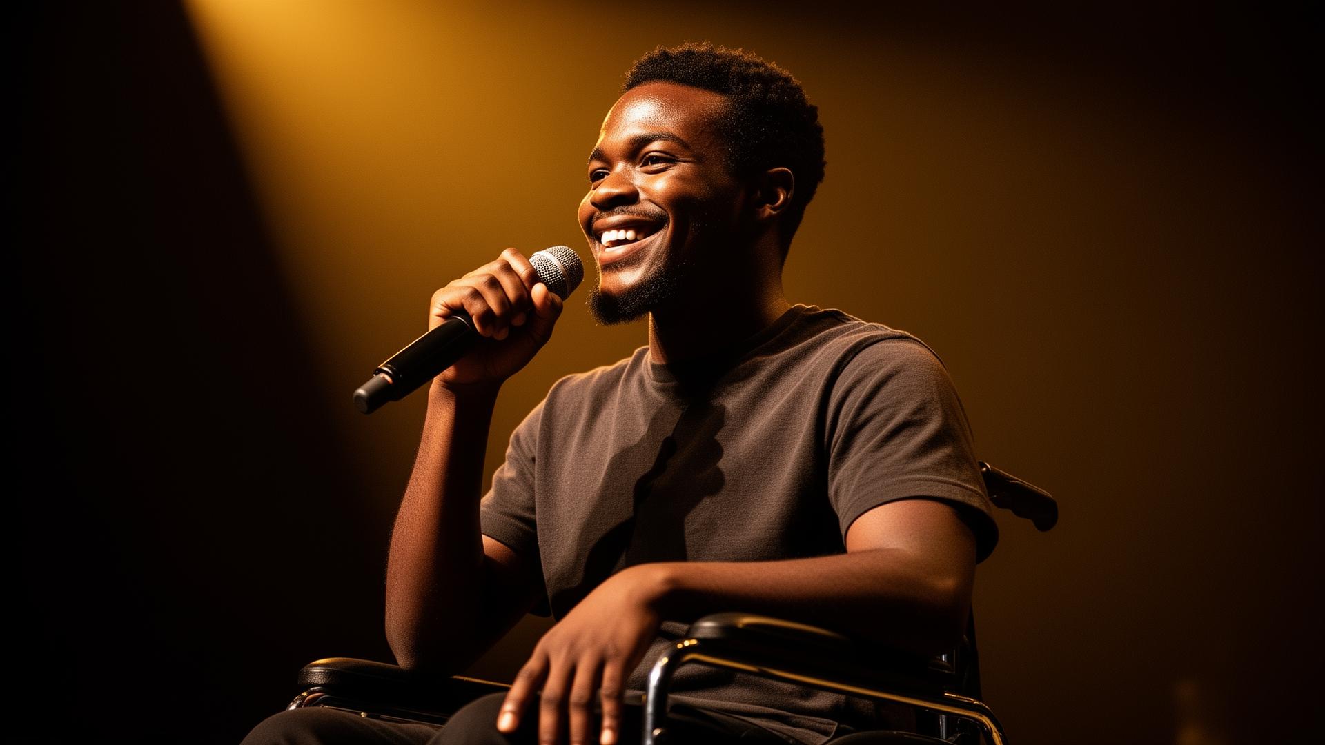 Performer with disability speaking on stage